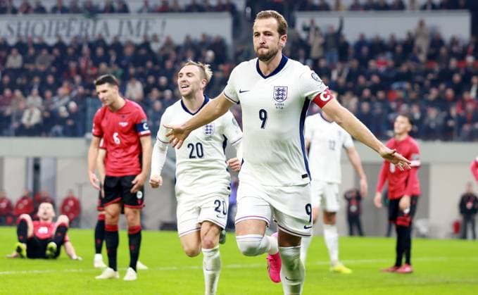 Harry Kane of England celebrates scoring a goal to make the score 0-1. Albania v England, FIFA 2026 World Cup Qualifying, Group K, Football, Arena Kombetare, Tirana, Albania - 16 Nov 2025Tirana Arena Kombetare Albania EDITORIAL USE ONLY No use with unauthorised audio, video, data, fixture lists, club league logos or live services. Online in-match use limited to 120 images, no video emulation. No use in betting, games or single club league player publications.  Copyright: xNikolaxKrstic Shutterstockx 15786244ch