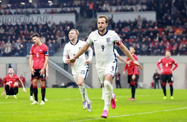 Harry Kane of England celebrates scoring a goal to make the score 0-1. Albania v England, FIFA 2026 World Cup Qualifying, Group K, Football, Arena Kombetare, Tirana, Albania - 16 Nov 2025Tirana Arena Kombetare Albania EDITORIAL USE ONLY No use with unauthorised audio, video, data, fixture lists, club league logos or live services. Online in-match use limited to 120 images, no video emulation. No use in betting, games or single club league player publications.  Copyright: xNikolaxKrstic Shutterstockx 15786244cp