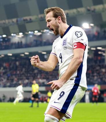Harry Kane of England celebrates scoring a goal to make the score 0-2. Albania v England, FIFA 2026 World Cup Qualifying, Group K, Football, Arena Kombetare, Tirana, Albania - 16 Nov 2025Tirana Arena Kombetare Albania EDITORIAL USE ONLY No use with unauthorised audio, video, data, fixture lists, club league logos or live services. Online in-match use limited to 120 images, no video emulation. No use in betting, games or single club league player publications.  Copyright: xNikolaxKrstic Shutterstockx 15786244cx