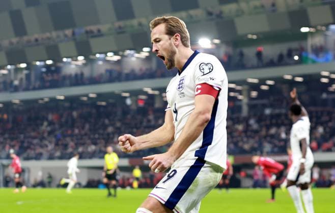 Harry Kane of England celebrates scoring a goal to make the score 0-2. Albania v England, FIFA 2026 World Cup Qualifying, Group K, Football, Arena Kombetare, Tirana, Albania - 16 Nov 2025Tirana Arena Kombetare Albania EDITORIAL USE ONLY No use with unauthorised audio, video, data, fixture lists, club league logos or live services. Online in-match use limited to 120 images, no video emulation. No use in betting, games or single club league player publications.  Copyright: xNikolaxKrstic Shutterstockx 15786244ct