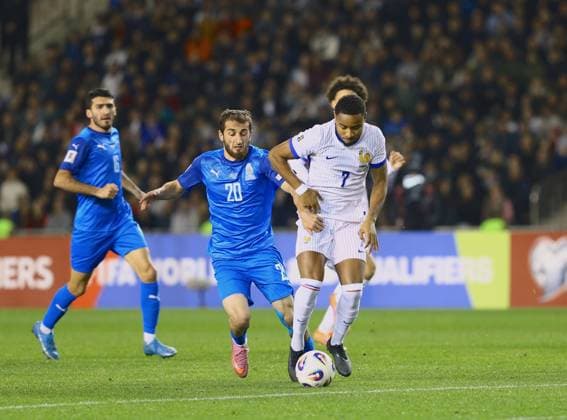 Azerbaijan v France - FIFA World Cup, WM, Weltmeisterschaft, Fussball European Qualifiers BAKU, AZERBAIJAN - NOVEMBER 16: Abdulakh Khaibulaev (20) of Azerbaijan in action against Christopher Nkunku of France during the 2026 FIFA World Cup European Qualifiers match between Azerbaijan and France on November 16, 2025 in Baku, Azerbaijan. Resul Rehimov Anadolu Baku Azerbaijan. Editorial use only. Please get in touch for any other usage.  Copyright: x2025xAnadoluxResulxRehimovx