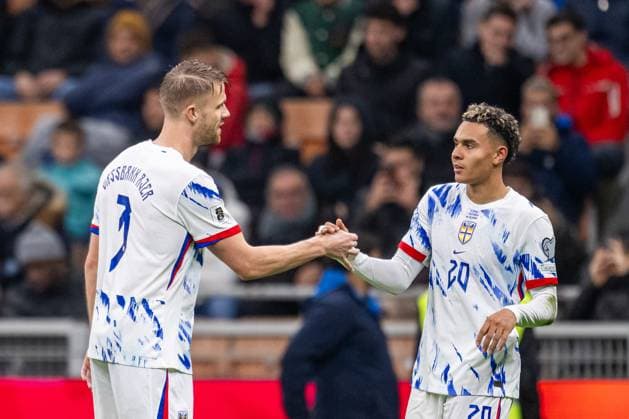 251116 Kristoffer Ajer and Antonio Nusa of Norway celebrate after the 1-1 goal during the FIFA World Cup, WM, Weltmeisterschaft, Fussball Qualifier football match between Italy and Norway on November 16, 2025 in Milan. Photo: Vegard Grott BILDBYRAN kod VG VG0836 bbeng fotball football soccer fotboll fifa world cup qualifiers european qualifiers 2026 uefa world cup qualifiers vm-kvalifisering vm kvalik vm kval norge norway italien italia italy milano jubel Copyright: VEGARDxGRoTT BB251116VG085