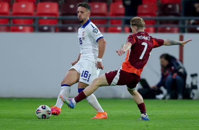 Serbia vs Latvia, Group K World Cup 2026 European Qualifiers Leskovac, Serbia. 16th Nov, 2025. Serbia s Strahinja Erakovic during the Group K World Cup 2026 European Qualifiers football match between Serbia and Latvia on November 16. 2025. in Leskovac, Serbia. Leskovac Serbia Copyright: xPedjaxMilosavljevic STARSPORTx