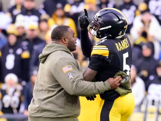 Pittsburgh Steelers cornerback Jalen Ramsey (5) reacts to his disqualification in the fourth quarter of the Steelers 34-12 win against the Cincinnati Bengals at Acrisure Stadium Sunday, November 16, 2025 in Pittsburgh.  PIT2025111631 ARCHIExCARPENTER