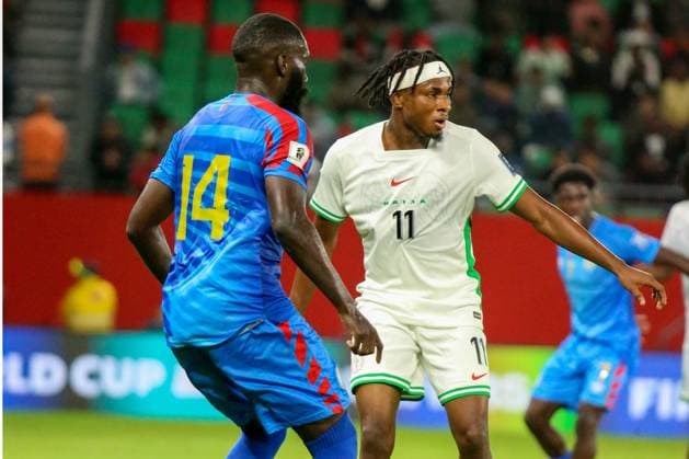 RABAT, MOROCCO - NOVEMBER 16; Samuel Chukwueze of Nigeria and Arthur Masuaku of Dr Congo during the 2026 FIFA World Cup, WM, Weltmeisterschaft, Fussball Playoffs between Nigeria and Dr Congo at Prince Moulay El Hassan Stadium on November 16, 2025 in Rabat, Morocco. Photo by Shengolpixs Copyright: xKarpushevx