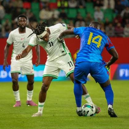 RABAT, MOROCCO - NOVEMBER 16; Samuel Chukwueze of Nigeria and Arthur Masuaku of Dr Congo during the 2026 FIFA World Cup, WM, Weltmeisterschaft, Fussball Playoffs between Nigeria and Dr Congo at Prince Moulay El Hassan Stadium on November 16, 2025 in Rabat, Morocco. Photo by Shengolpixs Copyright: xKarpushevx