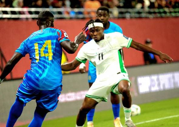 RABAT, MOROCCO - NOVEMBER 16; Samuel Chukwueze of Nigeria and Arthur Masuaku of Dr Congo during the 2026 FIFA World Cup, WM, Weltmeisterschaft, Fussball Playoffs between Nigeria and Dr Congo at Prince Moulay El Hassan Stadium on November 16, 2025 in Rabat, Morocco. Photo by Shengolpixs Copyright: xKarpushevx