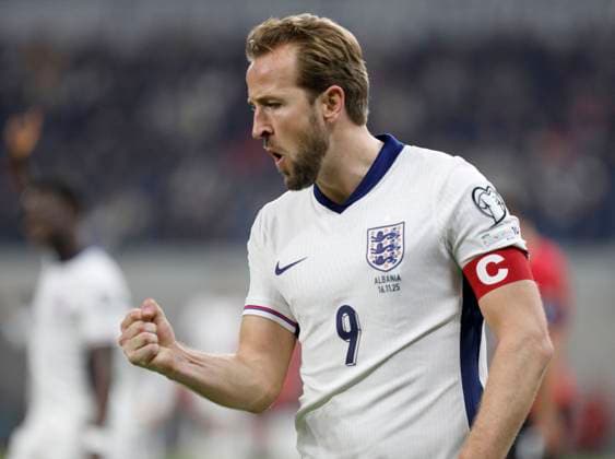 Group K European qualification football match between Albania and England in Tirana, Albania. - 15 November 2025. England s Harry Kane celebrate scoring during the FIFA World Cup, WM, Weltmeisterschaft, Fussball 2026 European qualification football match between Albania and England at the Air Albania stadium in Tirana, on November 16, 2025. TIRANA ALBANIA Copyright: xMALTONxDIBRAx
