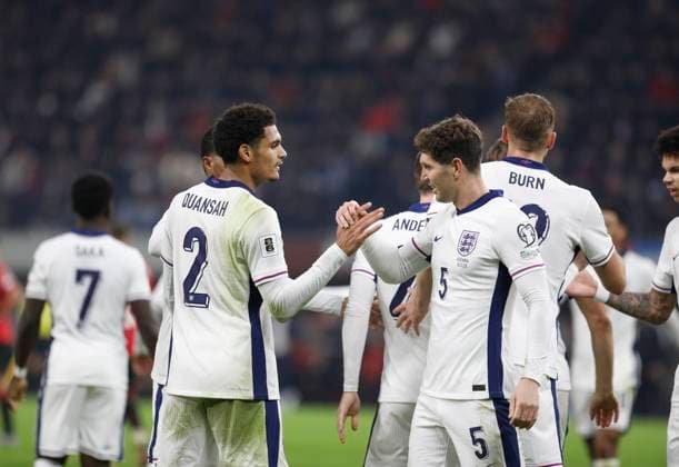 Group K European qualification football match between Albania and England in Tirana, Albania. - 15 November 2025. England s arell Quansah and John Stones celebrate scoring during the FIFA World Cup, WM, Weltmeisterschaft, Fussball 2026 European qualification football match between Albania and England at the Air Albania stadium in Tirana, on November 16, 2025. TIRANA ALBANIA Copyright: xMALTONxDIBRAx