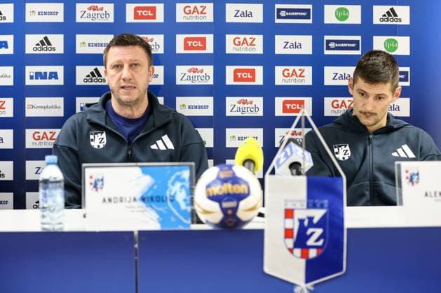 HC Zagreb press conference, PK, Pressekonferenz HC Zagreb Head Coach Andrija Nikolic and Aleks Kavcic of HC Zagreb are seen during a HC Zagreb press conference at Kutija Sibica Sports Hall in Zagreb, Croatia on November 17, 2025. ahead Machineseeker EHF Champions league match against SC Magdeburg.  IgorxKralj PIXSELL