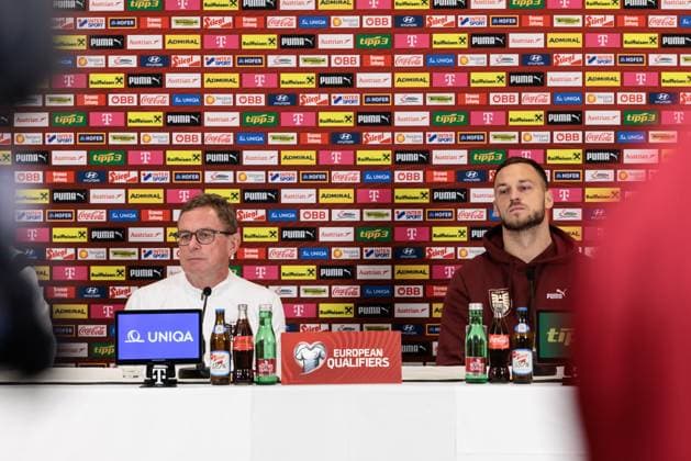 SOCCER - FIFA WC quali, AUT vs BIH VIENNA,AUSTRIA,17.NOV.25 - FIFA World Cup, WM, Weltmeisterschaft, Fussball 2026, European Qualifiers, group stage, OEFB international match, Länderspiel, Nationalmannschaft Austria vs Bosnia and Herzegovina, preview, press conference, PK, Pressekonferenz AUT. Image shows head coach Ralf Rangnick and Marko Arnautovic (AUT).  GEPAxpictures xArminxRauthner