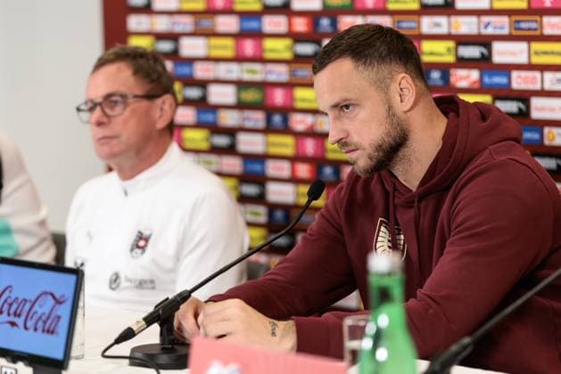 SOCCER - FIFA WC quali, AUT vs BIH VIENNA,AUSTRIA,17.NOV.25 - FIFA World Cup, WM, Weltmeisterschaft, Fussball 2026, European Qualifiers, group stage, OEFB international match, Länderspiel, Nationalmannschaft Austria vs Bosnia and Herzegovina, preview, press conference, PK, Pressekonferenz AUT. Image shows head coach Ralf Rangnick and Marko Arnautovic (AUT).  GEPAxpictures xArminxRauthner