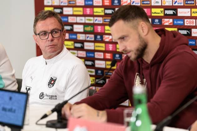 SOCCER - FIFA WC quali, AUT vs BIH VIENNA,AUSTRIA,17.NOV.25 - FIFA World Cup, WM, Weltmeisterschaft, Fussball 2026, European Qualifiers, group stage, OEFB international match, Länderspiel, Nationalmannschaft Austria vs Bosnia and Herzegovina, preview, press conference, PK, Pressekonferenz AUT. Image shows head coach Ralf Rangnick and Marko Arnautovic (AUT).  GEPAxpictures xArminxRauthner