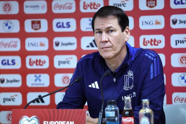 a press conference, PK, Pressekonferenz of the Red Devils, the Belgian national soccer team, in Liege on Monday 17 November 2025. The team is preparing for its last World Cup 2026 qualification match against Liechtenstein tomorrow. BRUNOxFAHY  x142222574x