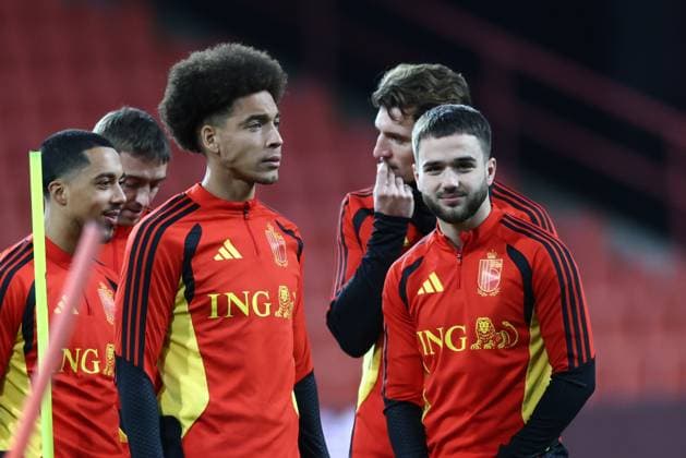 Belgium s Axel Witsel, Belgium s Thomas Meunier and Belgium s Nicolas Raskin pictured during a training session of the Red Devils, the Belgian national soccer team, in Liege on Monday 17 November 2025. The team is preparing for its last World Cup 2026 qualification match against Liechtenstein tomorrow. BRUNOxFAHY  x142230467x