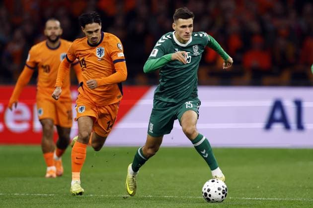 AMSTERDAM (l-r) Tijjani Reijnders of the Netherlands, Gvidas Gineitis of Lithuania during the World Cup qualifying match between the Netherlands and Lithuania at the Johan Cruijff ArenA on November 17, 2025, in Amsterdam, Netherlands. ANP MAURICE VAN STEEN FIFA 2026 World Cup Qualifier 2025-2026 xVIxANPxSportx xxANPxIVx 542367035 originalFilename: 542367035.jpg