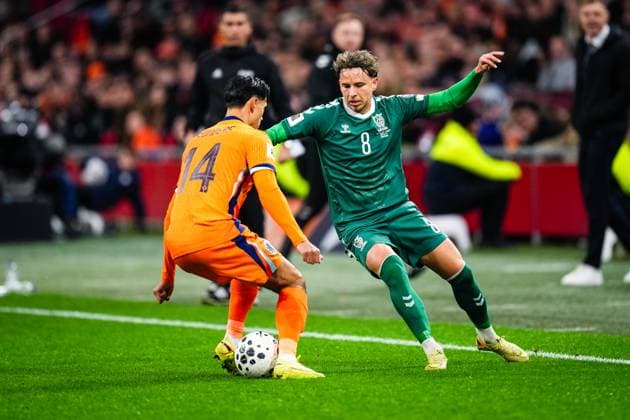 World Cup qualification: The Netherlands v Lithuania Amsterdam - Tijani Reijnders of The Netherlands, Tomas Kalinauskas of Lithuania during the qualification match for the World Cup 2026. The match is set between The Netherlands and Lithuania at Johan Cruyff Arena on 17 November 2025 in Amsterdam, The Netherlands. (VK Sportphoto Yannick Verhoeven) Copyright: xYannickxVerhoevenx
