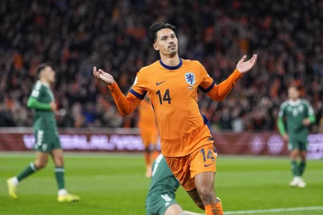 AMSTERDAM, 17-11-2025, Johan Cruijff ArenA , season 2025 2026 , FIFA World Cup, WM, Weltmeisterschaft, Fussball Qualifier football , match between The Netherlands and Lithuania. Pictures shows Netherlands player Tijjani Reijnders celebrates after scoring the goal 1-0 Netherlands - Lithuania  x32075632x Copyright: