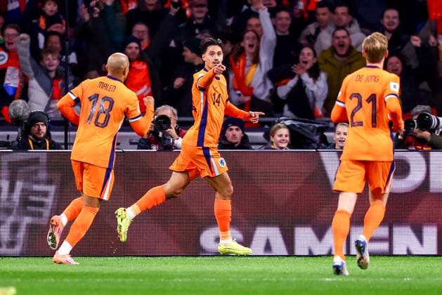2025-11-17 Netherlands v Lithuania - UEFA World Cup Qualification match AMSTERDAM, GERMANY - NOVEMBER 17: Tijjani Reijnders of Netherlands. celebrates after scoring his sides first goal during the UEFA World Cup Qualification match match between Netherlands and Lithuania at Johan Cruijff ArenA on November 17, 2025 in Amsterdam, Germany. Amsterdam Johan Cruijff ArenA Germany Content not available for redistribution in The Netherlands directly or indirectly through any third parties. Copyright: xPieterxvanxderxWoudex