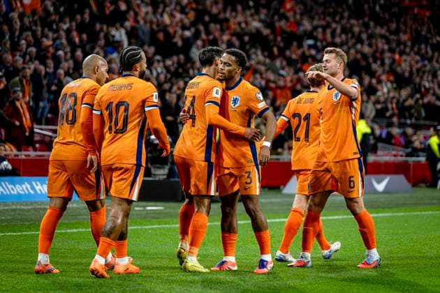 Netherlands defender Jurrien Timber, Netherlands midfielder Tijjani Reijnders celebrating the goal 1-0, during the match FOOTBALL - EUROPEAN QUALIFIERS - NETHERLANDS - LITHUANIA at the Johan Cruijff ArenA for the FIFA World Cup, WM, Weltmeisterschaft, Fussball 2026 UEFA Qualifiers - Group G - Matchday 10 season 2025-2026 in AMSTERDAM, Netherlands on 17 november 2025, (photo by Stefan Koops EYE4images DeFodi Images)