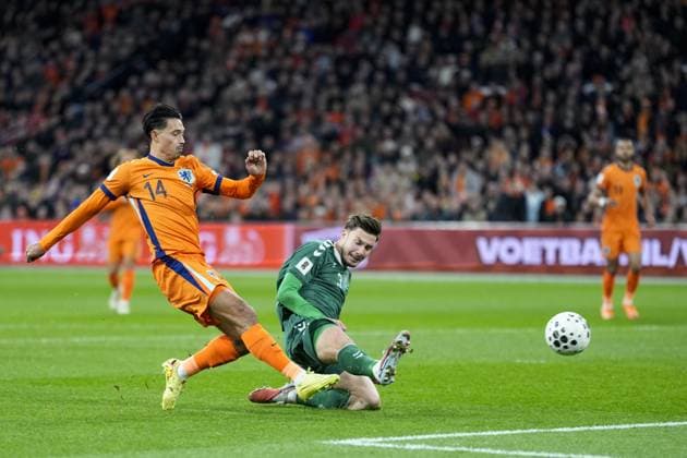 AMSTERDAM, 17-11-2025, Johan Cruijff ArenA , season 2025 2026 , FIFA World Cup, WM, Weltmeisterschaft, Fussball Qualifier football , match between The Netherlands and Lithuania. Pictures shows goal scored by Netherlands player Tijjani Reijnders 1-0 Netherlands - Lithuania  x32075661x Copyright: