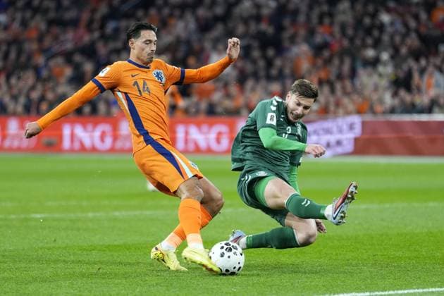 AMSTERDAM, 17-11-2025, Johan Cruijff ArenA , season 2025 2026 , FIFA World Cup, WM, Weltmeisterschaft, Fussball Qualifier football , match between The Netherlands and Lithuania. Pictures shows goal scored by Netherlands player Tijjani Reijnders 1-0 Netherlands - Lithuania  x32075687x Copyright: