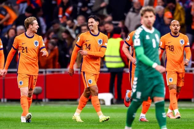 2025-11-17 Netherlands v Lithuania - UEFA World Cup Qualification match AMSTERDAM, GERMANY - NOVEMBER 17: Tijjani Reijnders of Netherlands. celebrates after scoring his sides first goal during the UEFA World Cup Qualification match match between Netherlands and Lithuania at Johan Cruijff ArenA on November 17, 2025 in Amsterdam, Germany. Amsterdam Johan Cruijff ArenA Germany Content not available for redistribution in The Netherlands directly or indirectly through any third parties. Copyright: xPieterxvanxderxWoudex
