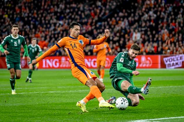 Netherlands midfielder Tijjani Reijnders, Lithuania defender Edgaras Utkus, during the match FOOTBALL - EUROPEAN QUALIFIERS - NETHERLANDS - LITHUANIA at the Johan Cruijff ArenA for the FIFA World Cup, WM, Weltmeisterschaft, Fussball 2026 UEFA Qualifiers - Group G - Matchday 10 season 2025-2026 in AMSTERDAM, Netherlands on 17 november 2025, (photo by Stefan Koops EYE4images DeFodi Images)