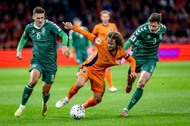 Lithuania midfielder Gvidas Gineitis, Netherlands midfielder Xavi Simons, Lithuania defender Edgaras Utkus, during the match FOOTBALL - EUROPEAN QUALIFIERS - NETHERLANDS - LITHUANIA at the Johan Cruijff ArenA for the FIFA World Cup, WM, Weltmeisterschaft, Fussball 2026 UEFA Qualifiers - Group G - Matchday 10 season 2025-2026 in AMSTERDAM, Netherlands on 17 november 2025, (photo by Stefan Koops EYE4images DeFodi Images)