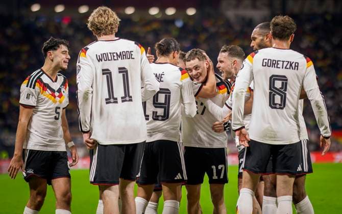 Leipzig, Germany. 17th Nov 2025. Goal celebration: Aleksandar Pavlovic (DFB) Nick Woltemade (DFB) Leroy Sane (DFB) Florian Wirtz (DFB) David Raum (DFB) Jonathan Tah (DFB) Leon Goretzka (DFB) Germany - Slovakia Deutschland - Slowakei 17.11.2025