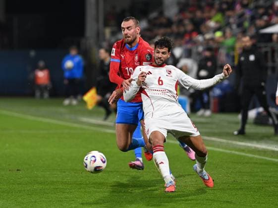 From left Czech Tomas Chory, Bernardo Lopes of Gibraltar in action during the Football World Cup qualification European Group L match Czechia vs Gibraltar in Olomouc, Czech Republic, November 17, 2025. (CTKxPhoto LudekxPerina) CTKPhotoP2025111707050  CTKPhotoP2025111707050