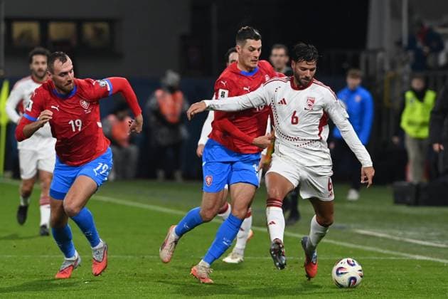 From left Tomas Chory, Patrik Schick, both of Czech Republic and Bernardo Lopes of Gibraltar in action during the Football World Cup qualification European Group L match Czechia vs Gibraltar in Olomouc, Czech Republic, November 17, 2025. (CTKxPhoto LudekxPerina) CTKPhotoP2025111707298  CTKPhotoP2025111707298