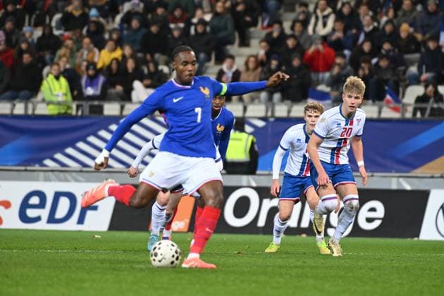Football : France -U 21 v Iles Feroe -U 21 - UEFA European Under-21 Championship qualification Mathys Tel of France scoring goal during 2025 UEFA European Under-21 Championship qualification, Group C football match between France -U 21 and Iles FEROE -U 21 at the Alpes stadium Grenoble on November 17, 2025  Copyright: xALLILI_MOURADx