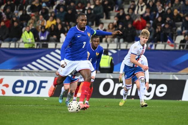 Football : France -U 21 v Iles Feroe -U 21 - UEFA European Under-21 Championship qualification Mathys Tel of France scoring goal during 2025 UEFA European Under-21 Championship qualification, Group C football match between France -U 21 and Iles FEROE -U 21 at the Alpes stadium Grenoble on November 17, 2025  Copyright: xALLILI_MOURADx