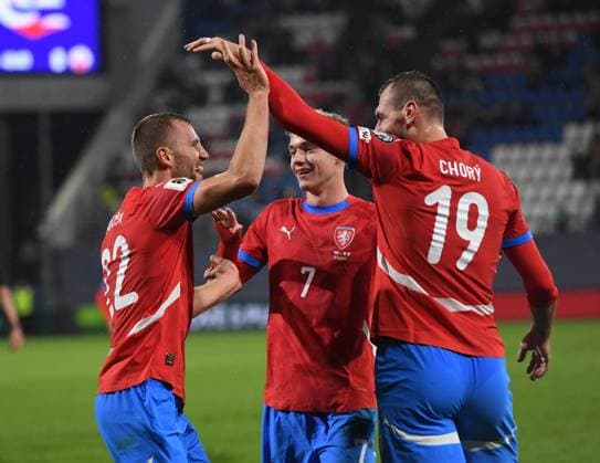From left Tomas Soucek, Adam Karabec, Tomas Chory of Czech Republic celebrate goal during the Football World Cup qualification European Group L match Czechia vs Gibraltar in Olomouc, Czech Republic, November 17, 2025. (CTKxPhoto LudekxPerina) CTKPhotoP2025111707475  CTKPhotoP2025111707475