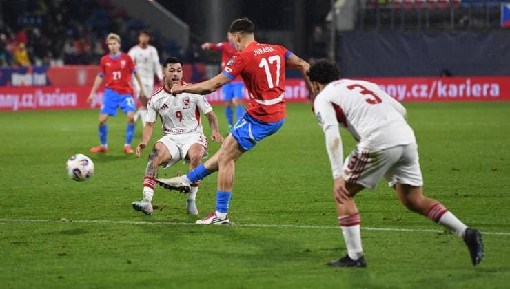 From left Julian Del Rio of Gibraltar, Czech David Jurasek, Ethan Jolley of Gibraltar in action during the Football World Cup qualification European Group L match Czechia vs Gibraltar in Olomouc, Czech Republic, November 17, 2025. (CTKxPhoto LudekxPerina) CTKPhotoP2025111707483  CTKPhotoP2025111707483
