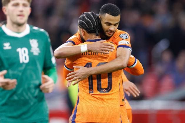 Memphis Depay of the Netherlands, Cody Gakpo of the Netherlands celebrating the 2-0 Netherlands v Lithuania, FIFA World Cup, WM, Weltmeisterschaft, Fussball 2026 Qualifier, Netherlands v Lithuania, Johan Cruijff Arena, November 17, 2025, Amsterdam, Netherlands.