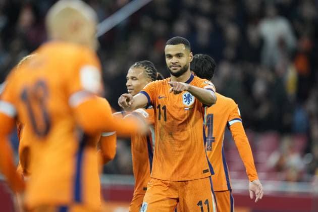 AMSTERDAM, 17-11-2025, Johan Cruijff ArenA , season 2025 2026 , FIFA World Cup, WM, Weltmeisterschaft, Fussball Qualifier football , match between The Netherlands and Lithuania. Pictures shows Netherlands player Cody Gakpo celebrates after scoring the goal 2-0 Netherlands - Lithuania  x32076810x Copyright: