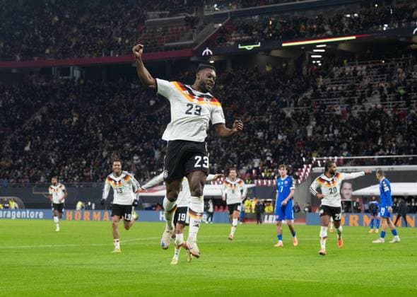 Fussball, Herren, Saison 2025 26, WM-Qualifikation (Gruppe A, 10. Spieltag) in Leipzig, Deutschland - Slowakei, Ridle Baku (Deutschland), Jubel nach Tor zum 5:0, 17.11 2025, Copyright: xMatthiasxKochx