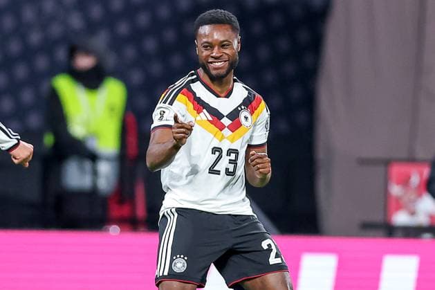 17.11.2025, Fußball, Länderspiel, WM-Qualifikation Europa, Deutschland - Slowakei, Red Bull Arena (Leipzig), 10. Spieltag, Saison 2025 2026: Torjubel nach dem Tor zum 5:0 durch Torschütze Ridle Baku (GER 23) Regulations prohibit any use of photographs as image sequences and or quasi-video. Sachsen Deutschland