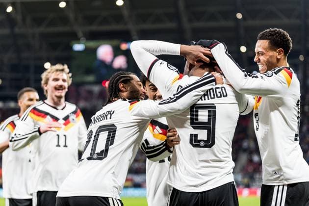 FIFA World Cup, WM, Weltmeisterschaft, Fussball UEFA Qualifiers: Deutschland - Slowakei; 17.11.2025 Jubel zum 6:0 durch Forzan Assan Ouedraogo (Deutschland, 9), Tor, Torjubel, Länderspieldebüt FIFA World Cup UEFA Qualifiers: Deutschland - Slowakei; Leipzig, Red Bull Arena, 17.11.2025 Copyright: xBEAUTIFULxSPORTS Wunderlx