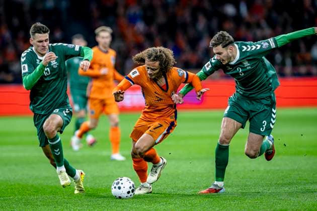 Lithuania midfielder Gvidas Gineitis, Netherlands midfielder Xavi Simons, Lithuania defender Edgaras Utkus, during the match FOOTBALL - EUROPEAN QUALIFIERS - NETHERLANDS - LITHUANIA at the Johan Cruijff ArenA for the FIFA World Cup, WM, Weltmeisterschaft, Fussball 2026 UEFA Qualifiers - Group G - Matchday 10 season 2025-2026 in AMSTERDAM, Netherlands on 17 november 2025, (photo by Stefan Koops EYE4images DeFodi Images)