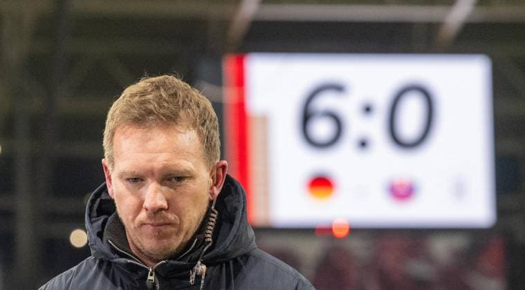 Fussball, Herren, Saison 2025 26, WM-Qualifikation (Gruppe A, 10. Spieltag) in Leipzig, Deutschland - Slowakei, Bundestrainer Julian Nagelsmann (Deutschland) und Anzeigetafel mit 6:0-Endstand, 17.11 2025, Copyright: xMatthiasxKochx