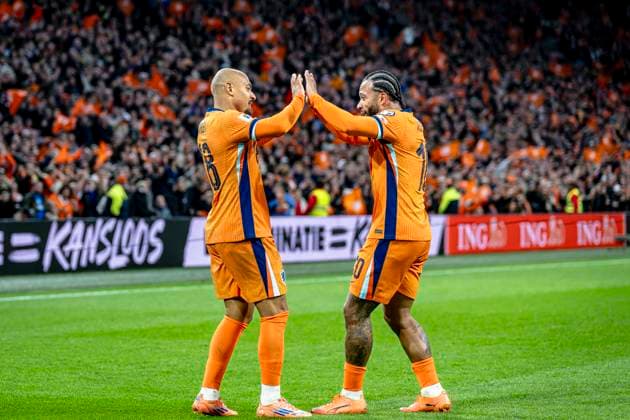 Netherlands forwarder Donyell Malen, Netherlands forwarder Memphis Depay, during the match FOOTBALL - EUROPEAN QUALIFIERS - NETHERLANDS - LITHUANIA at the Johan Cruijff ArenA for the FIFA World Cup, WM, Weltmeisterschaft, Fussball 2026 UEFA Qualifiers - Group G - Matchday 10 season 2025-2026 in AMSTERDAM, Netherlands on 17 november 2025, (photo by Stefan Koops EYE4images DeFodi Images)