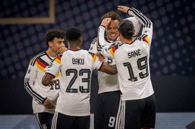 Leipzig, Germany. 17th Nov 2025. Goal celebration: Nathaniel Brown (DFB) Ridle Baku (DFB) Assan Ouedraogo (DFB) Leroy Sane (DFB) Germany - Slovakia Deutschland - Slowakei 17.11.2025