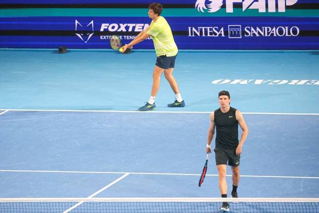 Alexey VATUTIN and Beibit ZHUKAYEV (KAZ) during ATP, Tennis Herren Challenger Bergamo, International Tennis match in Bergamo, Italy, November 18 2025  Copyright: xRobertaxCorradin IPAxSportx xipa-agency.netx xx IPA_68085139 IPA_Agency_IPA68085139