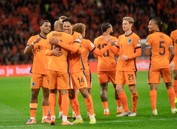 Amsterdam The Netherlands 17th November 2025 Football FIFA World Cup, WM, Weltmeisterschaft, Fussball European Qualifier The Netherlands vs Lithuania in the Johan Cruijff Arena Donyell Malen - The Netherlands celebrating scoring the best goal of the game with Tijjani Reijnders and Jurrien Timber Nederland, elftal, soccer, goal,