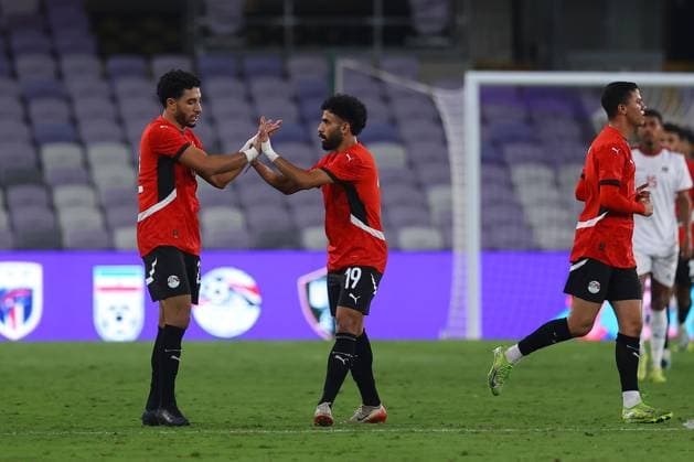 2025, 17 November - Al Ain, UAE - Omar Marmoush of Egypt national team, Nationalteam and Marwan Attia of Egypt national team goal celebration during the FIFA friendly international team match between Egypt National team and Cape Verde National team at Hazza bin Zayed Stadium in Ak Ain, UAE. FIFA Friendly international match, Länderspiel, Nationalmannschaft Egypt National team v Cape Verde National team before World Cup 2026 Copyright: xSebastianxFrejx