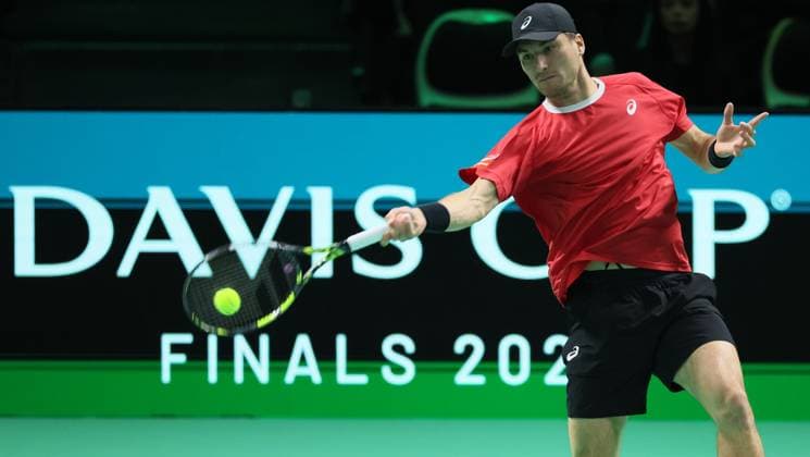 Belgian Raphael Collignon pictured in action during a tennis match against French Moutet, the first match of the Davis Cup quarter-finals Belgium and France, in Bologna, Italy, on Tuesday 18 November 2025. Davis Cup top eight Finals takes place in Bologna from November 18 to 23. BENOITxDOPPAGNE  x142466741x