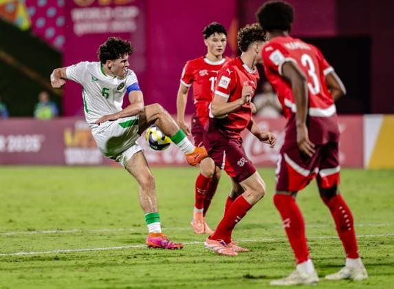 2025 FIFA Under 17 World Cup Round of 16, Aspire Zone Pitch 1, Doha, Qatar 18 11 2025 Switzerland vs Ireland Ireland s Rory Finneran shot on goal Rory Finneran shot on goal 18 11 2025  Copyright: x INPHOx IMG_0527